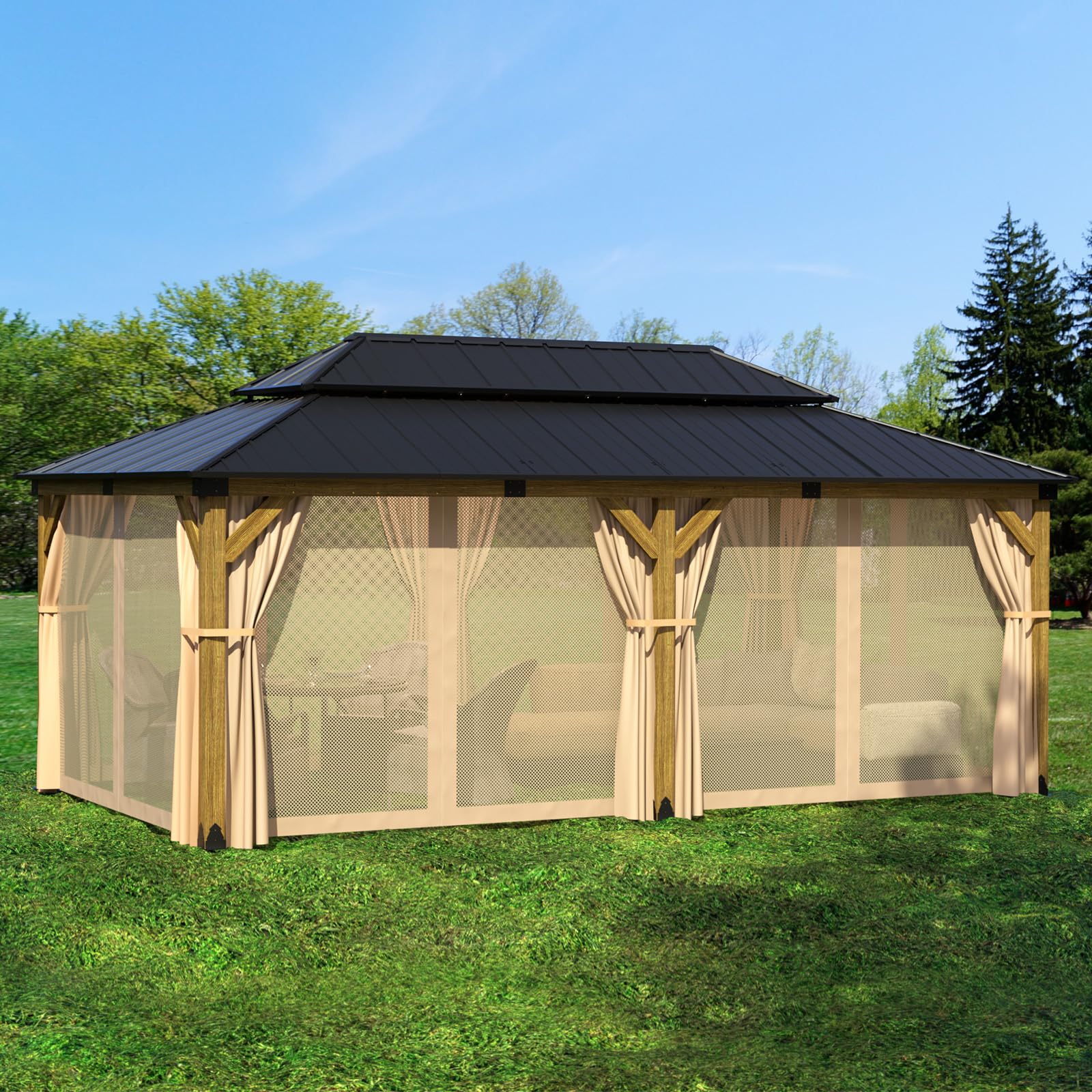 SUNBURY 12'x20' Outdoor Cedar Wood Gazebo, 2-Tier Metal Hardtop Wooden Frame Gazebo for Patio with Privacy Curtains and Mosquito Nettings for Gardens, Lawns, Backyard, Poolside (Log Color Fra - WoodArtSupply