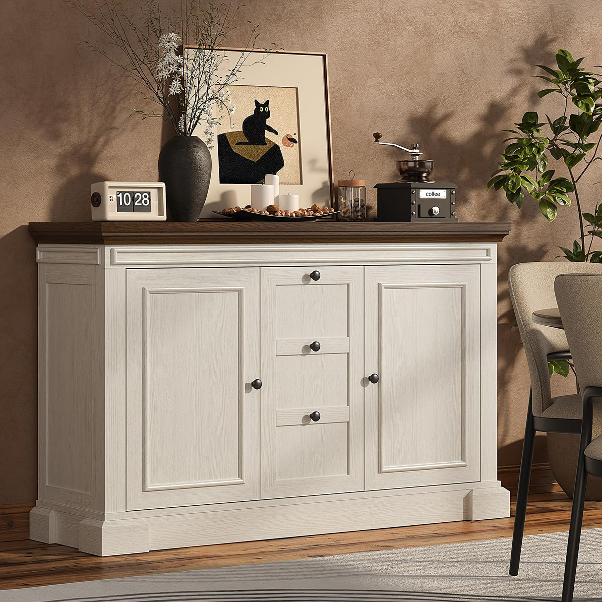 48 Inches Buffet Cabinet with Storage, 34" Tall Farmhouse Sideboard Buffet with 3 Drawers and 2 Doors, Wood Coffee Bar Cabinet with Adjustable Shelves, Credenza for Kitchen, Living Room, Antique White ONBRILL