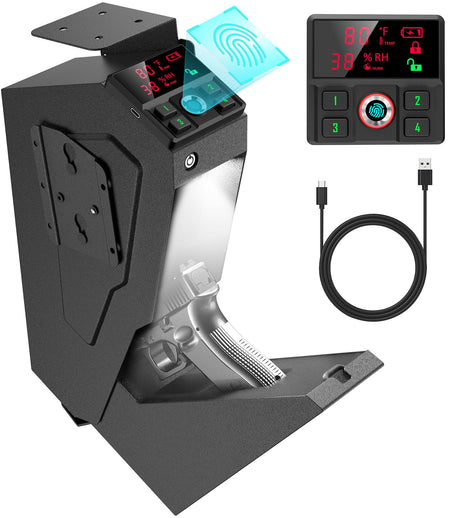 QINGENO Quick-Access Mounted Nightstand Handgun Gun Safe, Drop Down Auto Open Lid Smart Pistol Safe with Biometric Lock/Keypad Lock/Key Lock (QG8002F Biometric) QINGENO