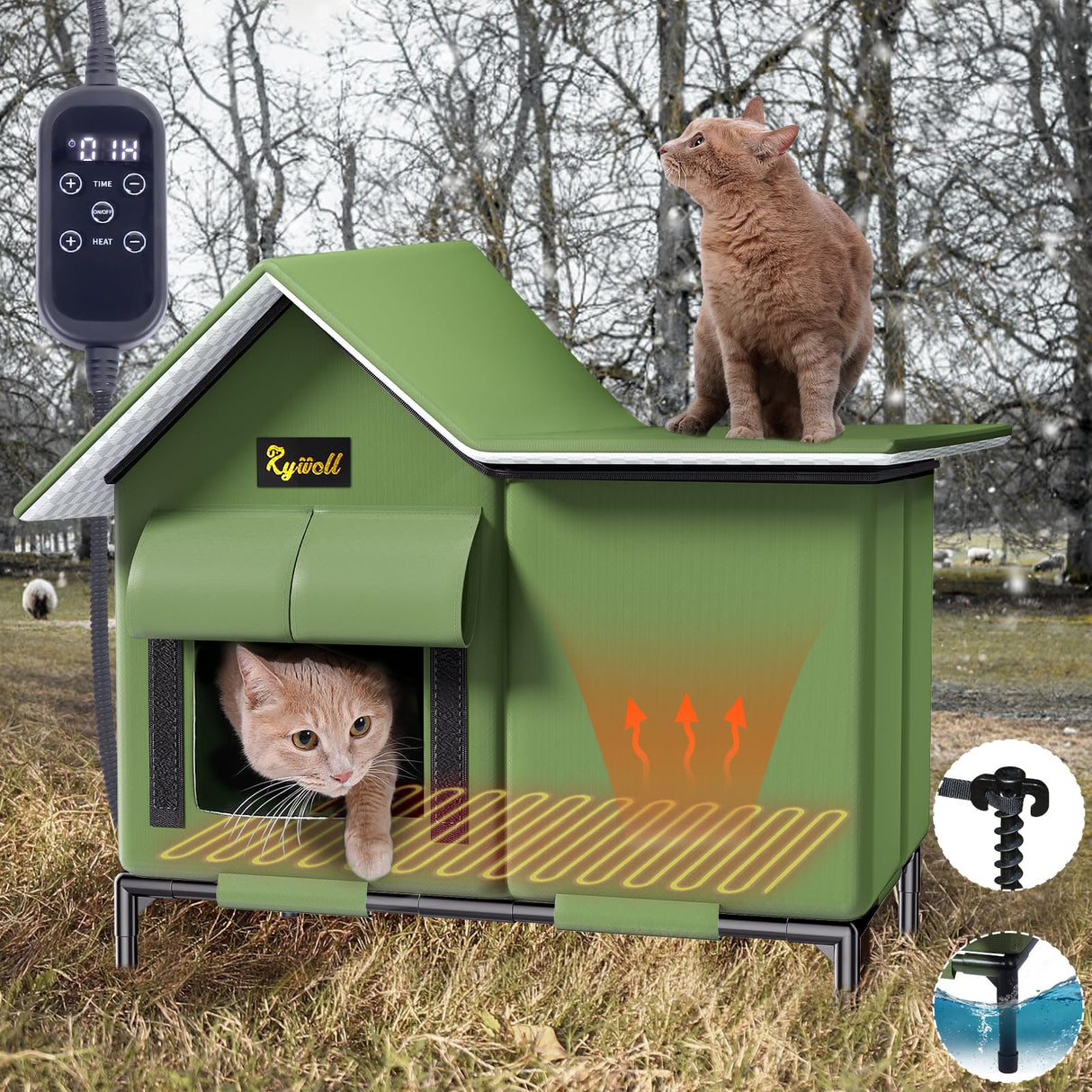 Rywell Heated Cat House for Outside Large,Super Insulated&Weatherproof,Heated Cat House for Cats, Elevated Heated Outdoor Cat House for Feral Cat with Waterproof Eaves,Timer & Temp Adjustable Rywell