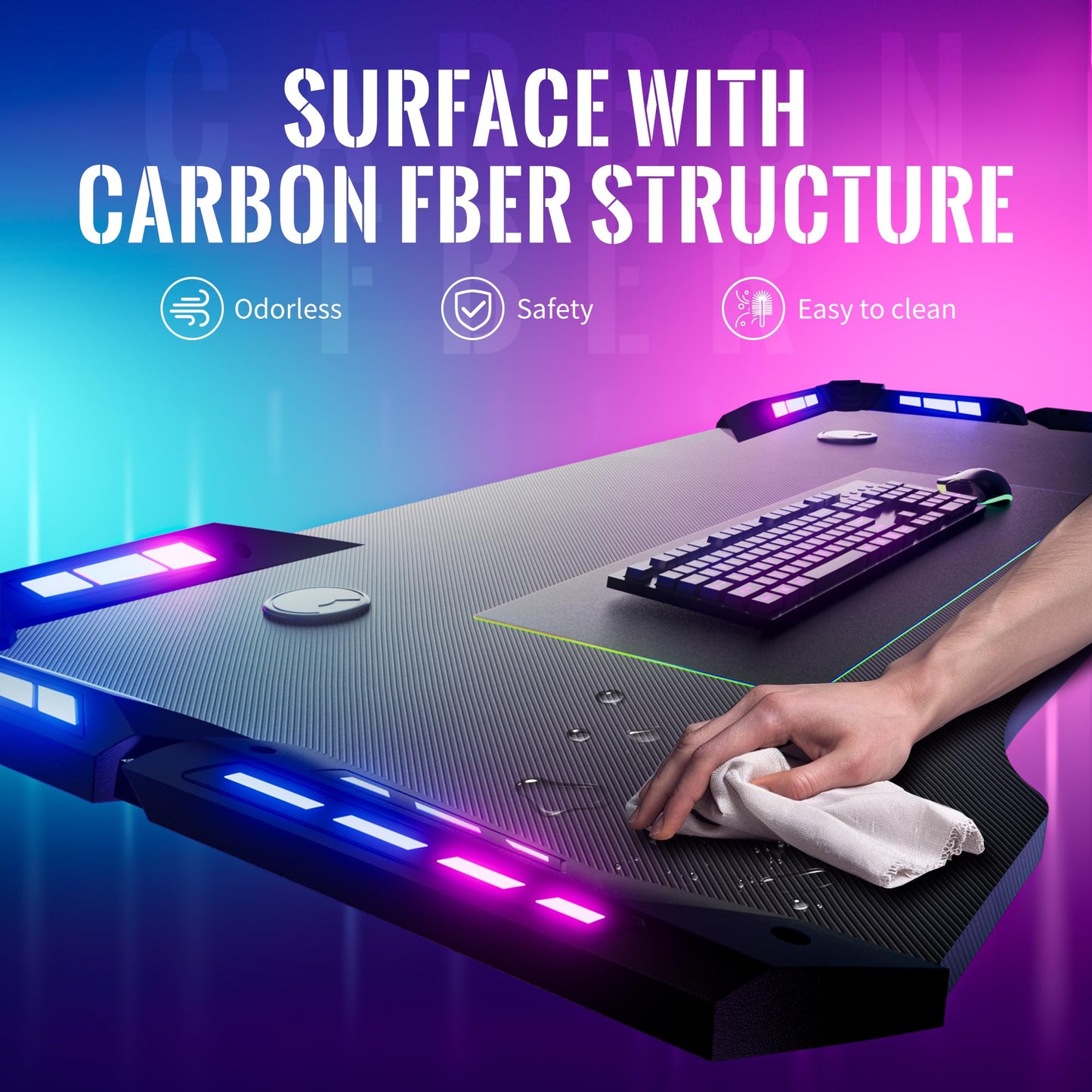 Gamtimer Gaming Desk with LED Lights,63 inch Carbon Fiber Surface RGB Gaming Computer Table, 384 Color Mode with Remote Control, Cup Holder and Headphone Hook - Black - WoodArtSupply