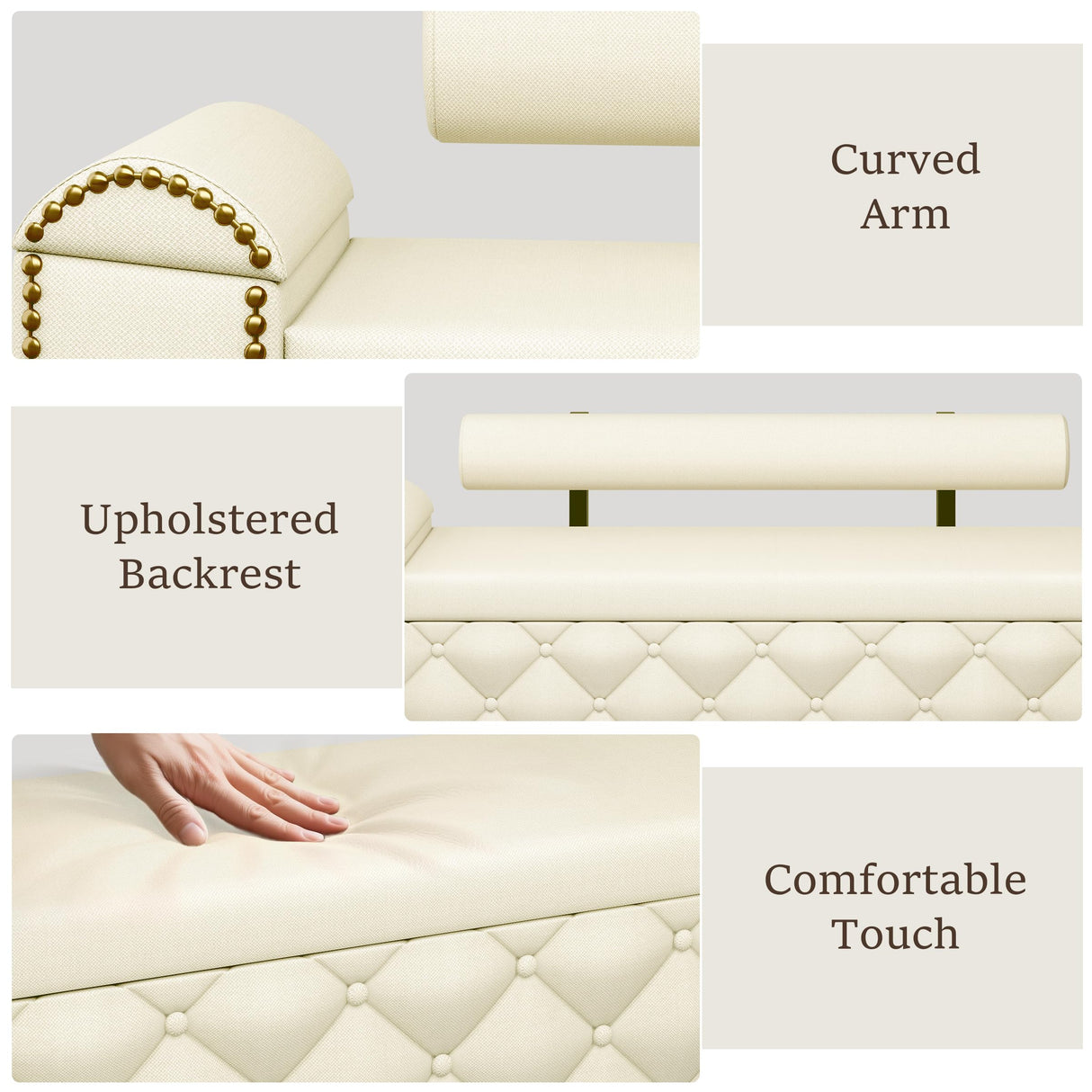 BYSAUD 51" Storage Bench, End of Bed Bench with LED Lights & Curved Arm, Upholstered Ottoman Bench with Storage, Bedroom Bench with Tufted Button & Nailhead Trim for Living Room Entryway, Beige BYSAUD