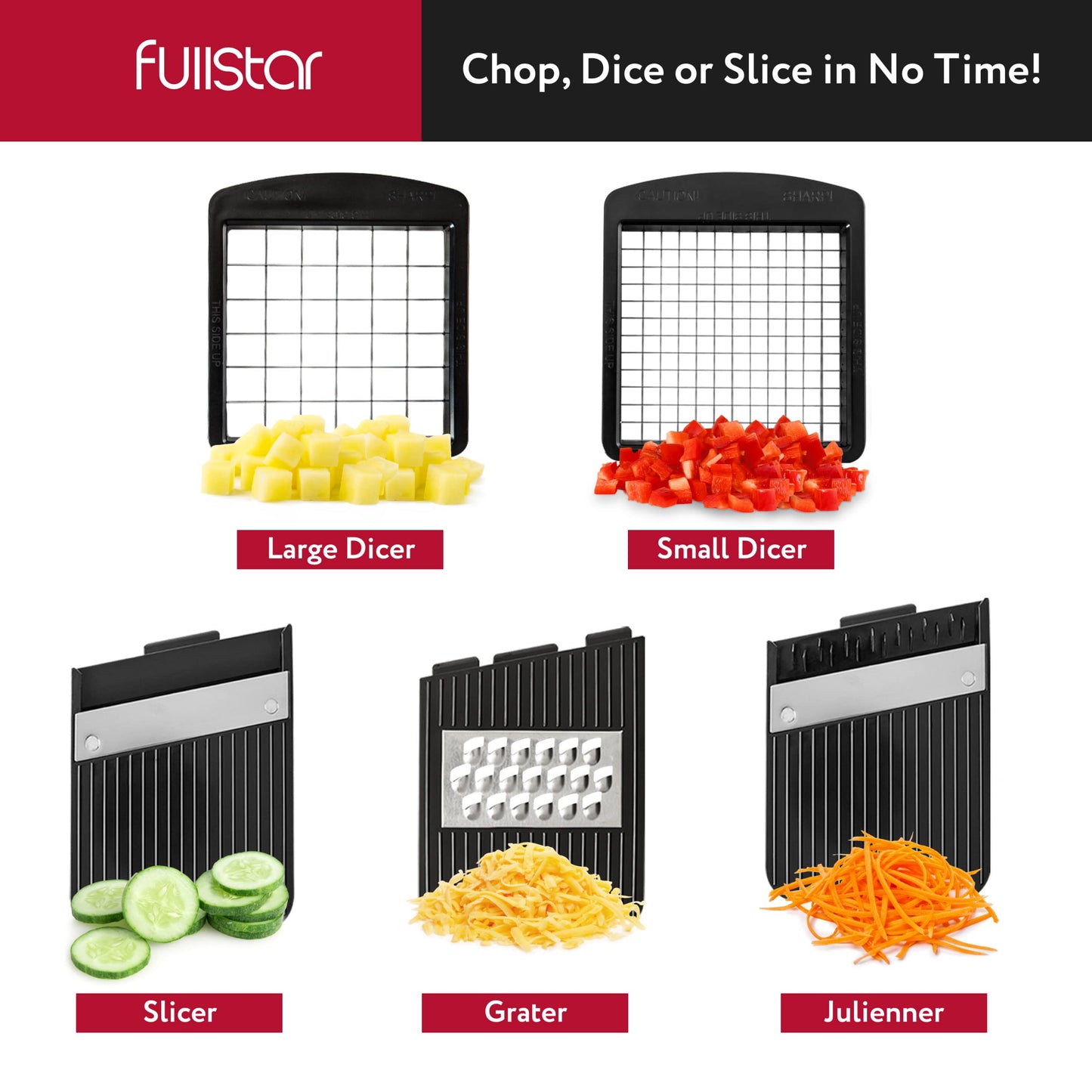 Fullstar All-in-1 Vegetable Chopper, Mandoline Slicer & Cheese Grater - French Fry Cutter & Veggie Dicer - Cheese Slicer - Includes Bonus Handheld Spiralizer (6 in 1, Black/White)