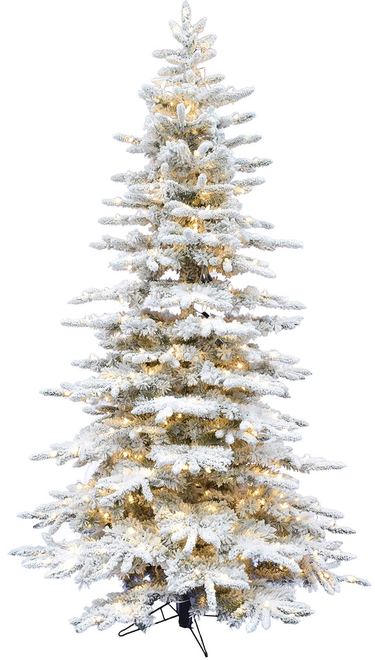 Fraser Hill Farm 9-Ft. Pre-Lit Mountain Pine Snow Flocked Artificial Christmas Tree with Stand, Tall & Foldable Heavily Flocked Christmas Tree with Realistic Foliage & White Incandescent Smart Lights