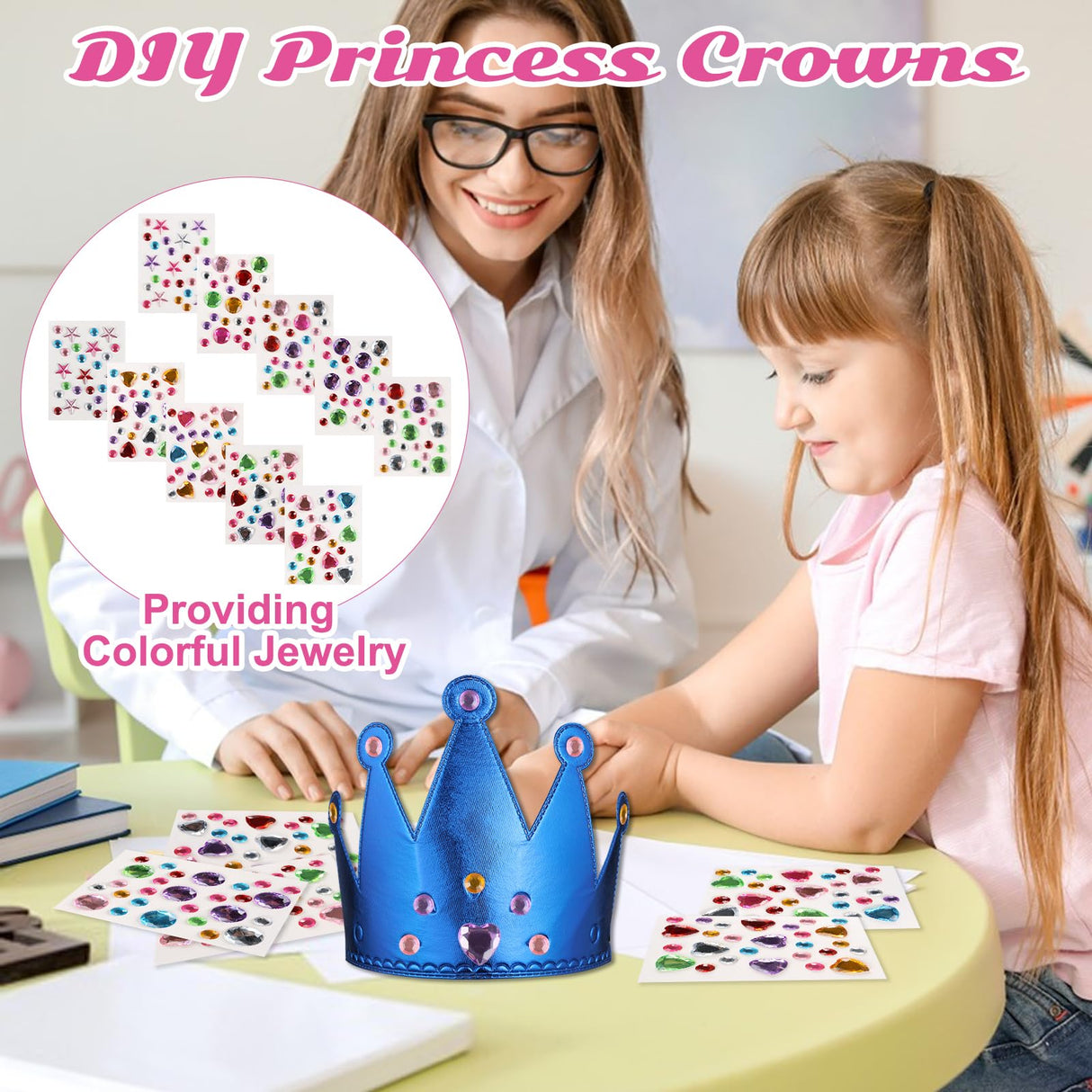 Hlimior 34 Pcs Foam Princess Party Crowns Kit, 12 DIY Princess Party Tiaras Crown Making Kits with 12 Fairy Wands 10 Diamond Stickers for Classroom Birthday Favors and Supplies (Gold, Pink, Blue) Hlimior