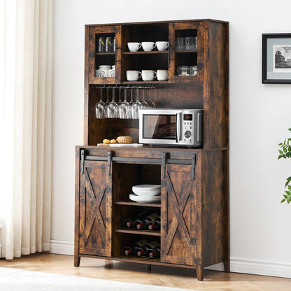 IDEALHOUSE Farmhouse Coffee Bar Cabinet with Sliding Barn Door, 72" Tall Buffet Cabinet with Storage Shelves, Liquor Cabinet with Wine and Glasses Rack,Sideboard Cupboard for Kitchen,Dining R - WoodArtSupply