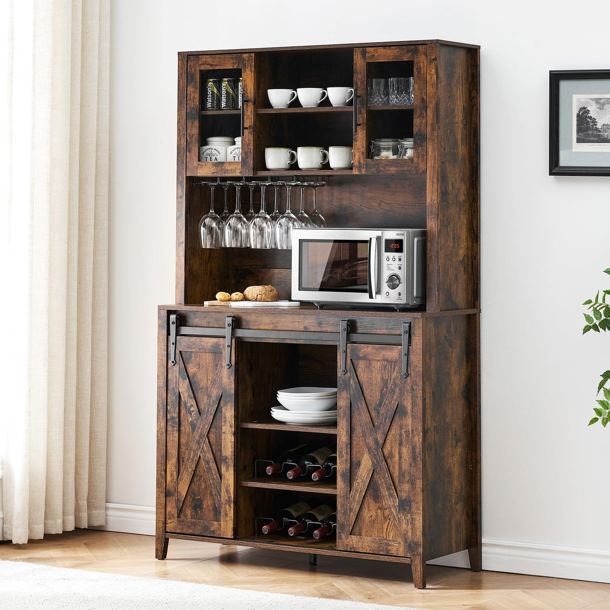 IDEALHOUSE 70'' Wine Coffee Bar Cabinet with Storage Hutch, Tall Kitchen Pantry Liquor Cabinet with Sliding Barn Doors, Bottle Glasses Rack, Farmhouse Buffet for Home Dining Room, Brown IDEALHOUSE