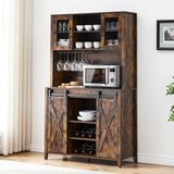 IDEALHOUSE 70'' Wine Coffee Bar Cabinet with Storage Hutch, Tall Kitchen Pantry Liquor Cabinet with Sliding Barn Doors, Bottle Glasses Rack, Farmhouse Buffet for Home Dining Room, Brown IDEALHOUSE