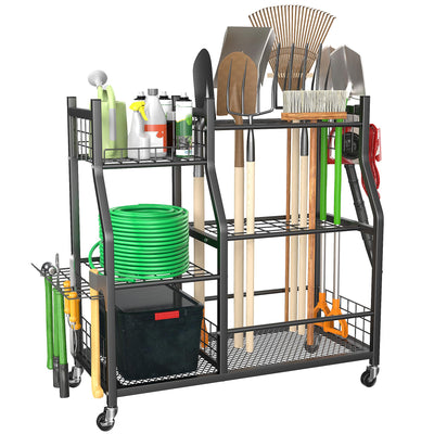 Ultrawall Garden Tool Organizer, Yard Tool Storage Rack for Garage Organization with Lockable Wheels, Garden Tool Stand for Rake, Brooms, Indoor & Outdoor Use