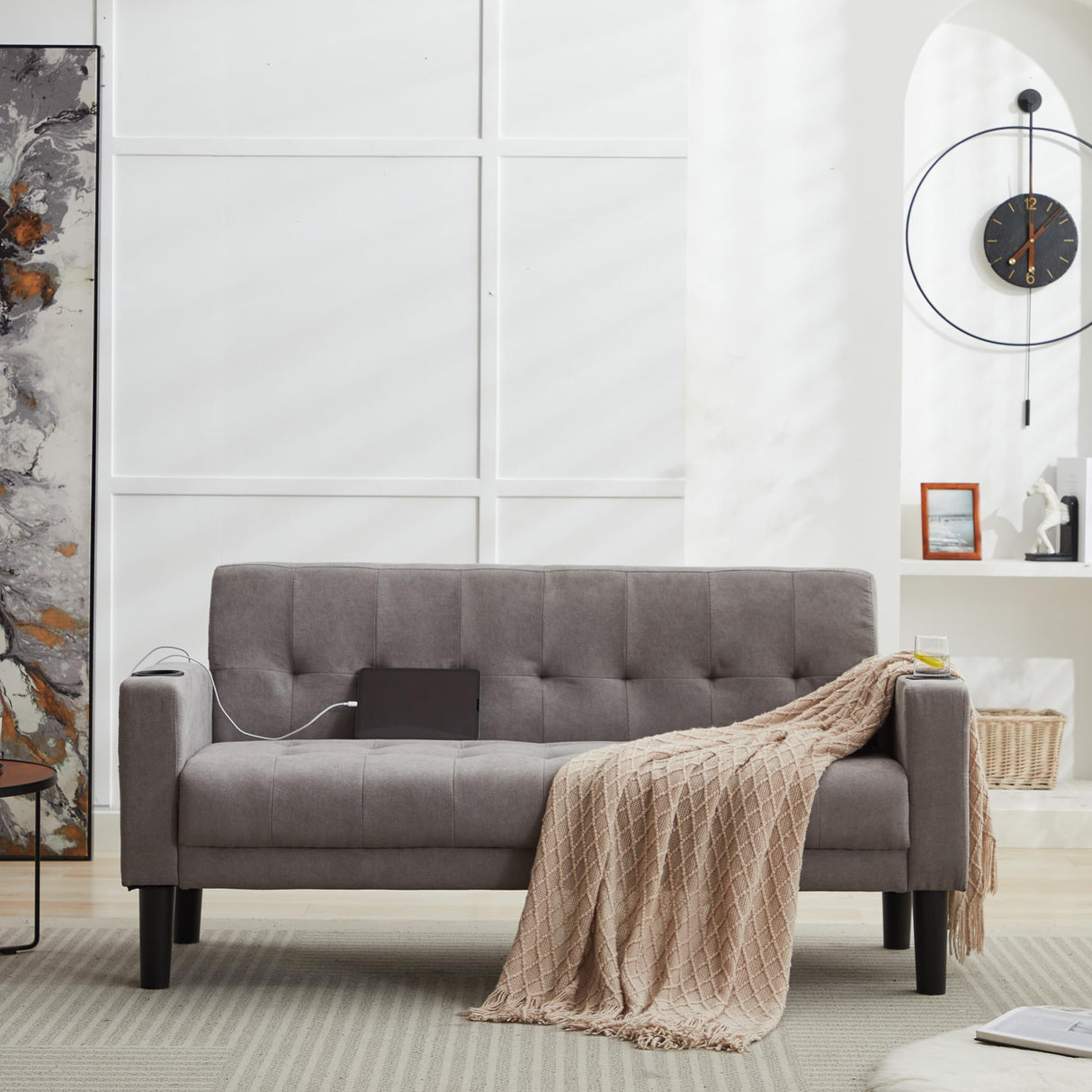 TYBOATLE Sofa Couch 62" W Loveseat w/ 2 USB Charger Ports & 2 Cupholders, Mid-Century Modern Tufted Small Love Seat Couches for Office,Compact Living Room,Bedroom,Apartment,Dorm(Light Grey) TYBOATLE