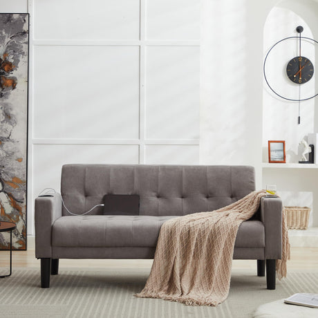 TYBOATLE Sofa Couch 62" W Loveseat w/ 2 USB Charger Ports & 2 Cupholders, Mid-Century Modern Tufted Small Love Seat Couches for Office,Compact Living Room,Bedroom,Apartment,Dorm(Light Grey) TYBOATLE