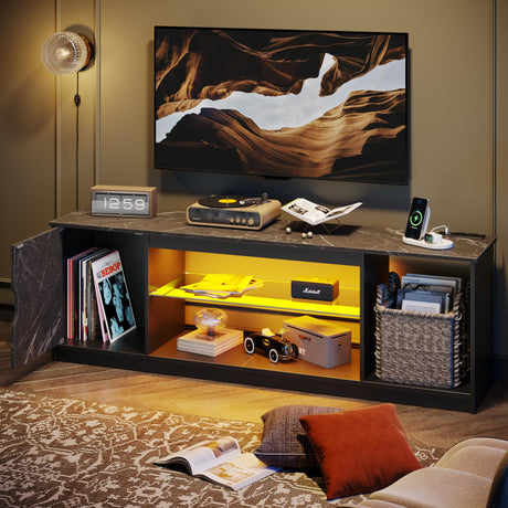 Bestier LED TV Stand with Power Outlets for 55/60/65 Inch TV, Gaming Entertainment Center with Cabinet for PS5, Modern TV Cabinet with Adjustable Glass Shelves for Living Room 58 Inch,Black Marble Bestier