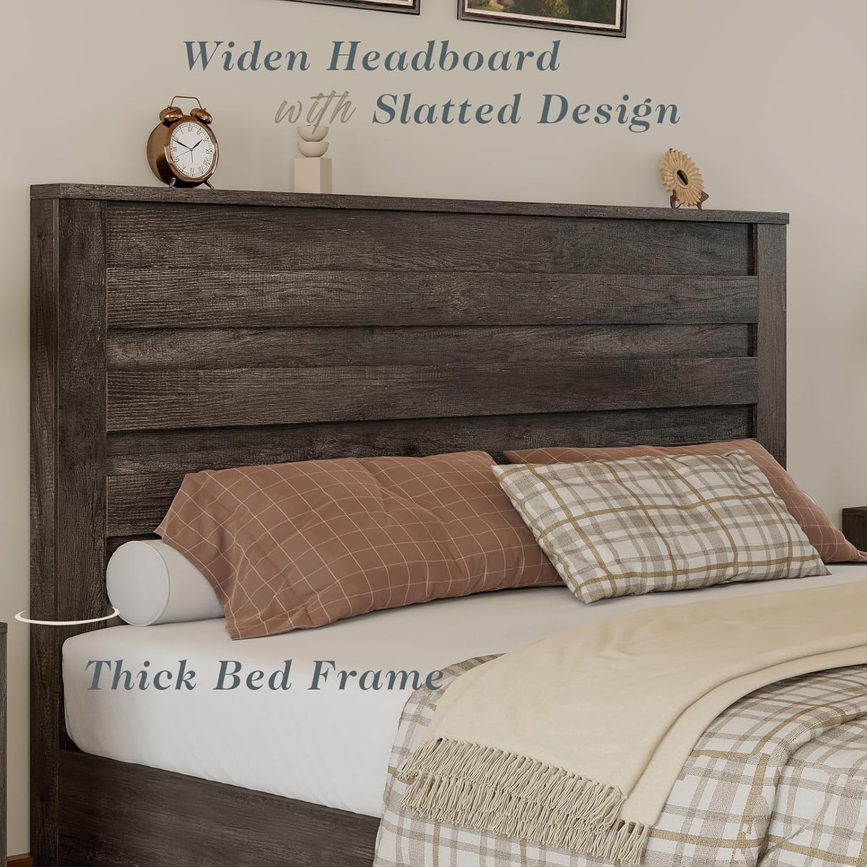 Albott King Bed Frame with 49" Farmhouse Slatted Headboard, Platform Bed with Wood Slats, No Box Spring Needed, Easy Assembly, Rustic Grey Albott