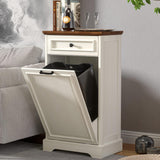 AHB 13 Gallon Tilt Out Trash Cabinet Kitchen Waste Bins, Laundry Hamper Tilt Out Pet Proof Hidden Trash Bin for Kitchen Living Room, Antique White and Brown AHB