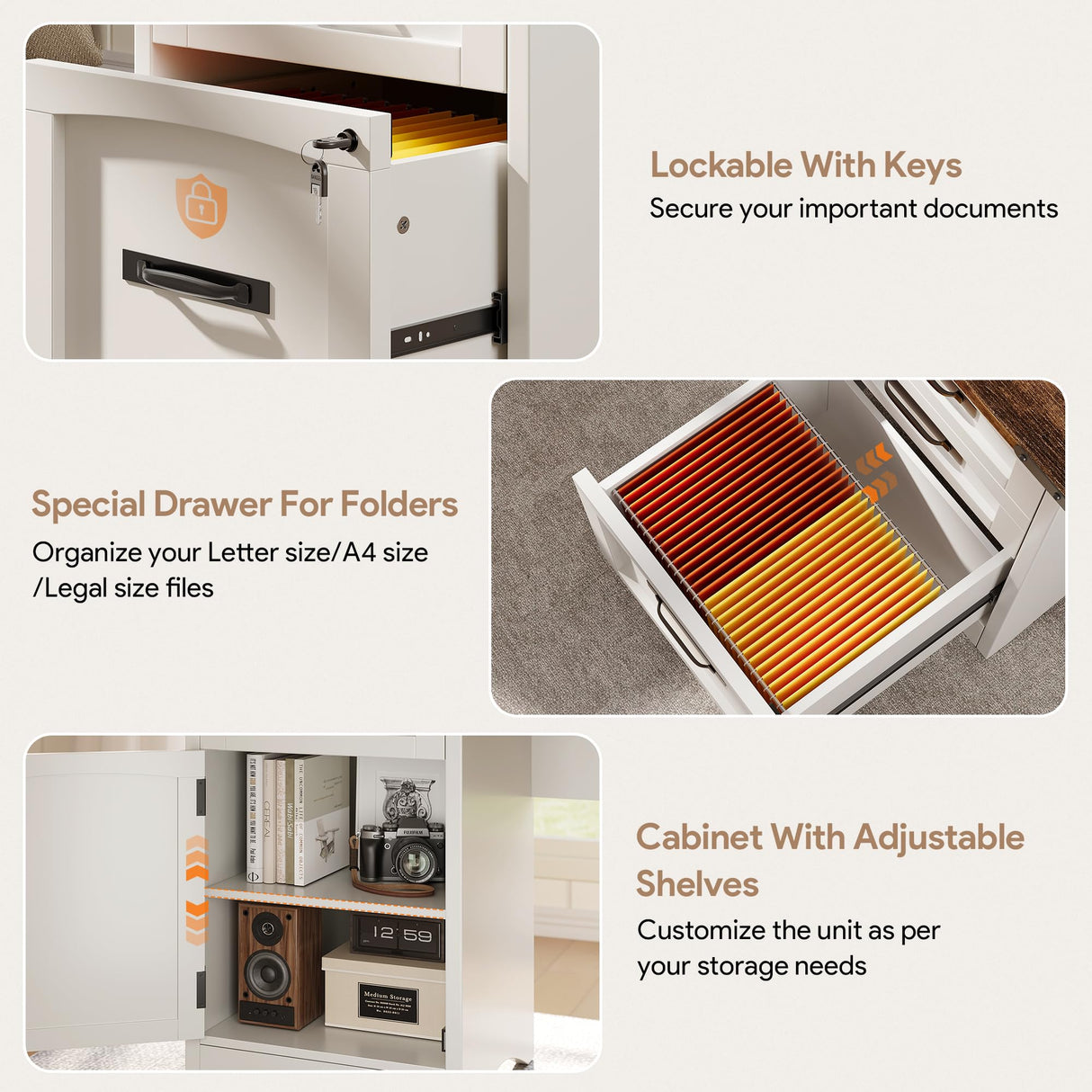 Decofy Farmhouse Executive Desk with Drawers, 55" Home Office Desks with Fast Charging Station, Lockable File Cabinet, Wood Writing Computer Desk for Work, Study, White Decofy