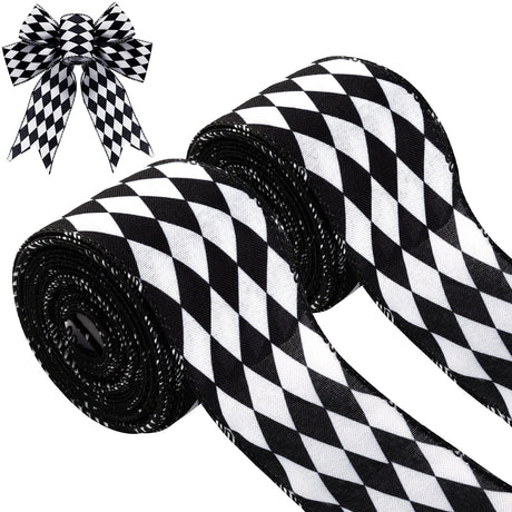 2 Rolls Christmas Checkered Ribbon Black and White Check Ribbon Diamond Check Wired Edge Ribbon Diamond Pattern Decorative Ribbons for Christmas Fall Tree Wrapping DIY Crafts (2.6 Inch) MTLEE