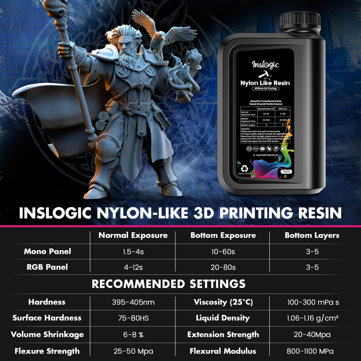 Inslogic Nylon 3D Printer Resin Bundle, 2 * 1KG Black Resin Strong Tough Durable 3D Resin, High Compatible for LCD 3D Printers, 395-405nm UV Light Curing 3D Printing Liquid Photopolymer Resin JAYO