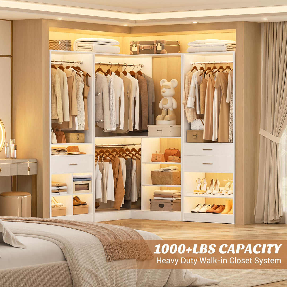 Unikito 86” Corner Closet System, Modular Closets Organizer with 4 Hanging Rods and Storage Shelves, Freestanding Adjustable Wood Clothes Garment Rack with Drawers, Sturdy Walk in Closet Tower, White Unikito