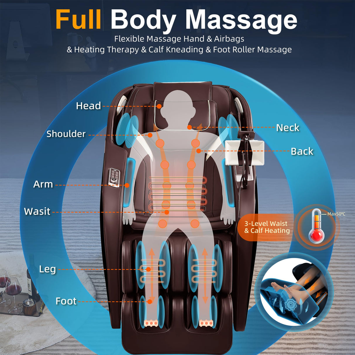 4D Massage Chair Full Body, Zero Gravity SL-Track Shiatsu Massage Chair Recliner with Heating, Body Scan, AI, Calf Kneading, Foot Rollers, Airbags, Footrest Extension, 4 Control Ways, BH-5201(Brown) VUYSUYVY