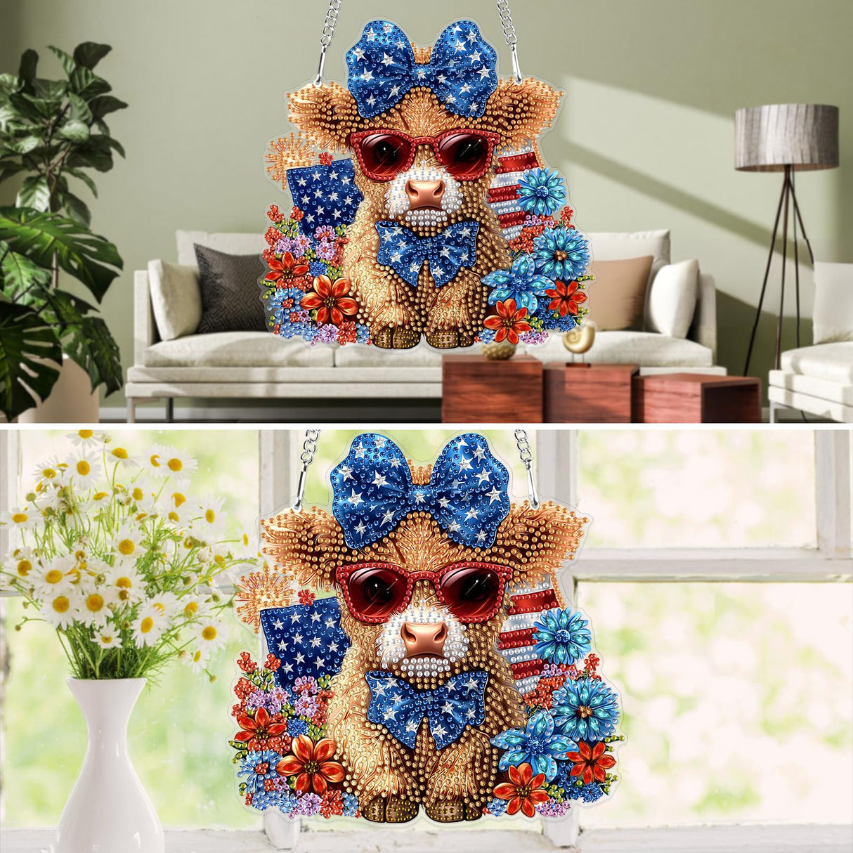 MXJSUA Highland Cow Special Shaped Hanging Diamond Painting Art Kits for Adults, Crystal Rhinestone Acrylic Gem Art Pendant Ornaments Kit for Home Decoration and Gift MXJSUA