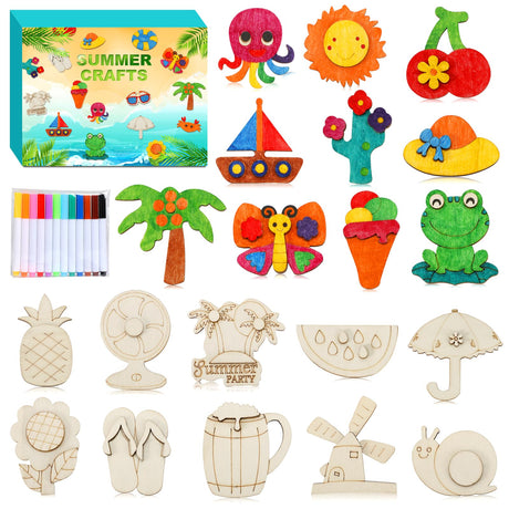 Worgree Summer Crafts for Kids, 36 Pcs DIY Wooden Magnets Art Craft Supplies Painting Kit for Boys Girls Ages 4-8 8-12 Birthday Party Gifts Summer Activities School Classroom Prizes Worgree