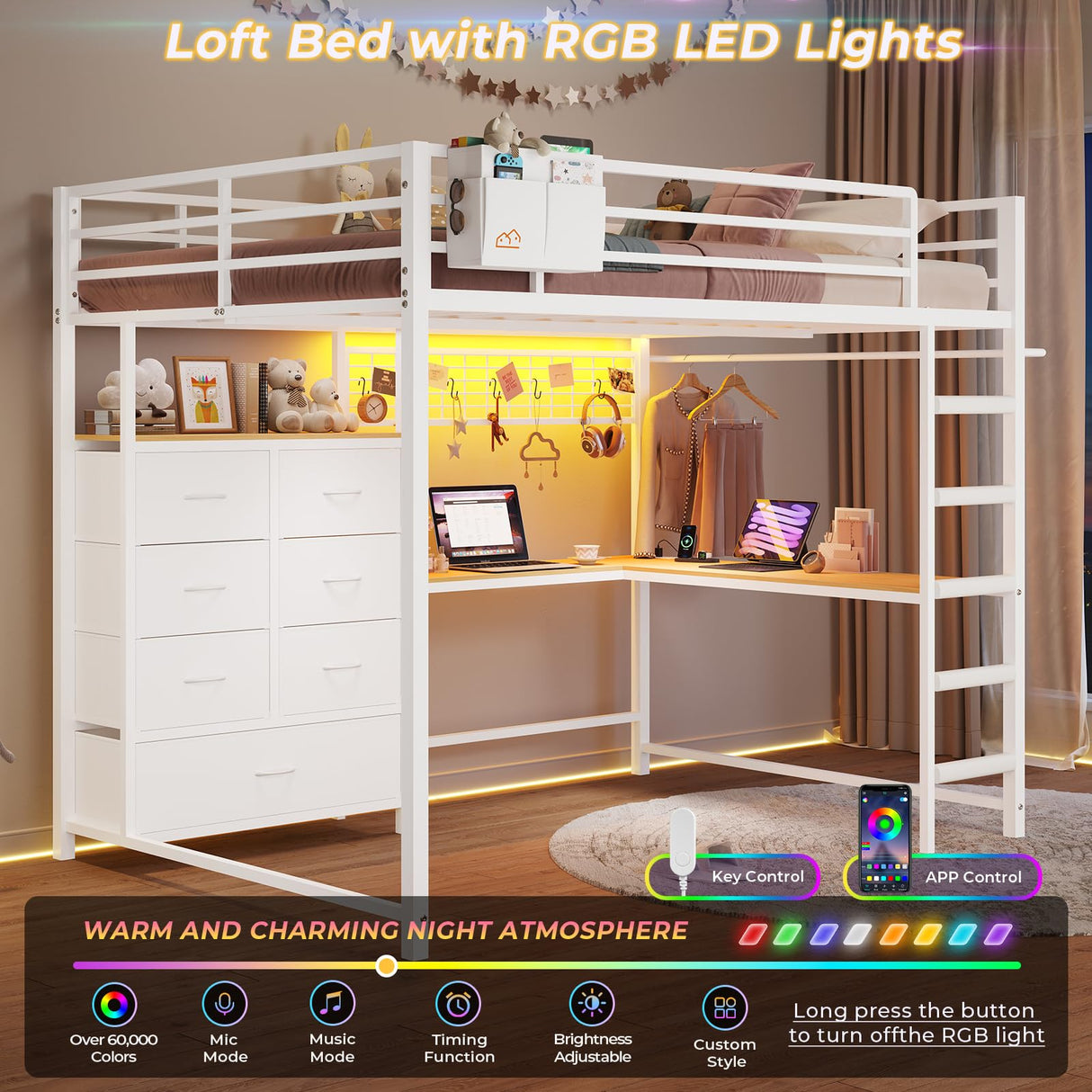 DICTAC Full Loft Bed with L-Shaped Desk and 7 Storage Drawers, Metal Full Size Loft Bed for Teen with LED Lights and Charging Station,13.11" H Safety Guardrail and Ladder,No Box Spring Needed, White DICTAC
