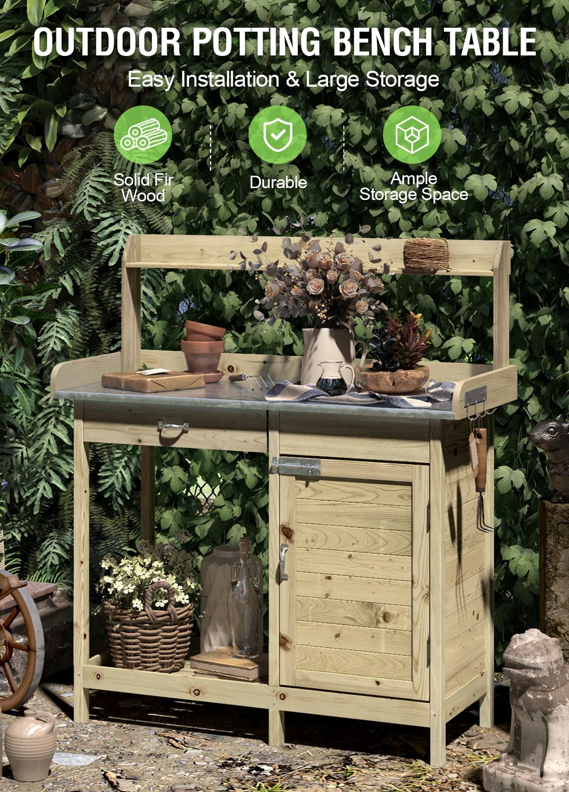 Arnot Wooden Potting Bench Tables, Fir Work Station Table Outdoor Garden Potting Table with Cabinet, Hook, Storage Bottom Shelf,for Garden Supplies