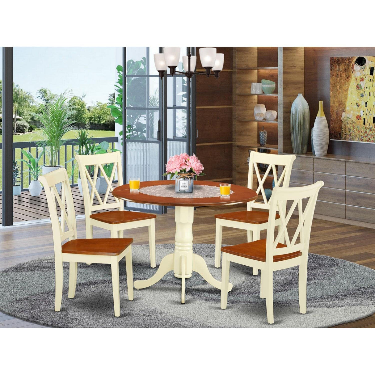 East West Furniture DLCL5-BMK-W Dublin 5 Piece Room Set Includes a Round Dining Table with Dropleaf and 4 Wood Seat Chairs, 42x42 Inch East West Furniture