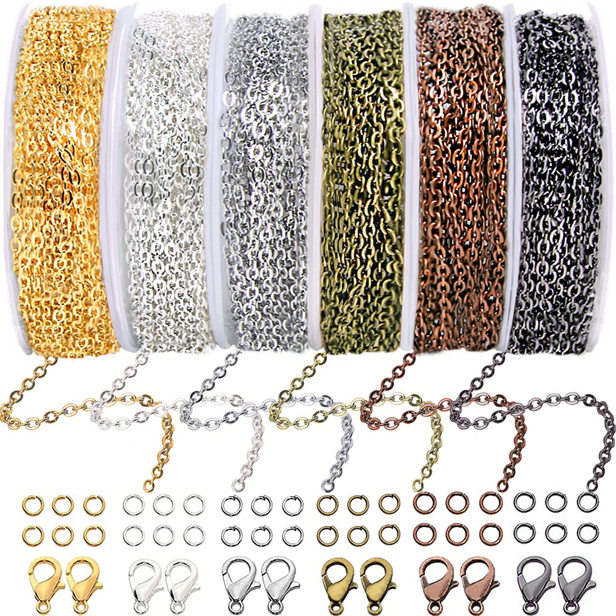 Jishi Chains Jewelry Making Supplies, 60ft Cable Link Chains for Making Jewelry Necklace Earring Bracelet Findings DIY Craft Kit for Adults, 6-Color 2mm Gold Silver Copper Plated Metal Link Rolls Bulk Jishi