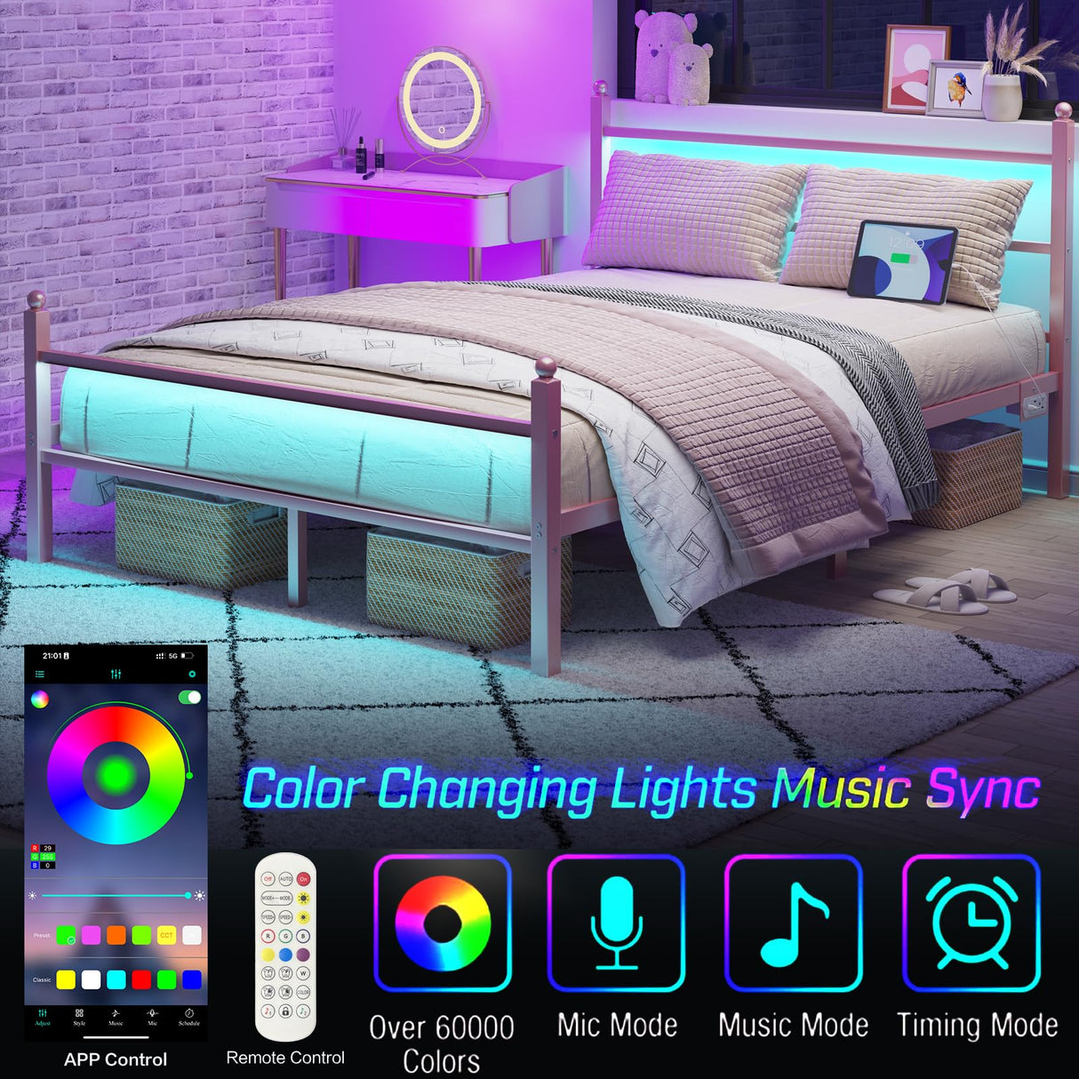 CollaredEagle Queen Bed Frame with Headboard and Footboard,Heavy Duty Steel Slats Support Metal Bed Frame with Charging Station,Pink CollaredEagle