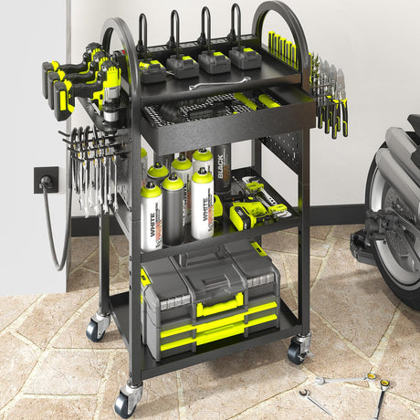 KAFAHOM Power Tool Cart with Charging Station, Rolling Cart with Drawer, Heavy Duty Power Tool Organizer with 360 Silent Wheels, Storage for Garage, Warehouse & Repair Shop KAFAHOM