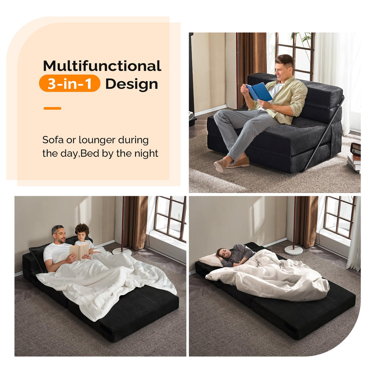 VINGLI Futon Sofa Bed Black Sleeper Sofa Chair Bed Floor Sofa Twin Small Couch Folding Mattress Couches for Living Room Floor Chair Freestanding RV Futon Couch for Indoor and Outdoor VINGLI