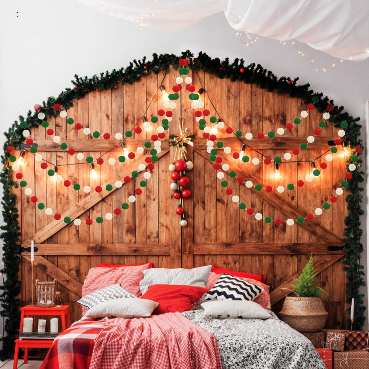 Jishi Christmas Pom Pom Garland Christmas Decorations for Tree Indoor Home Room Decor 3pk Cute Hanging Felt Ball Red White Green Pompom Bead Ornament String Banner Garland Xmas Birthday Party Supplies Jishi