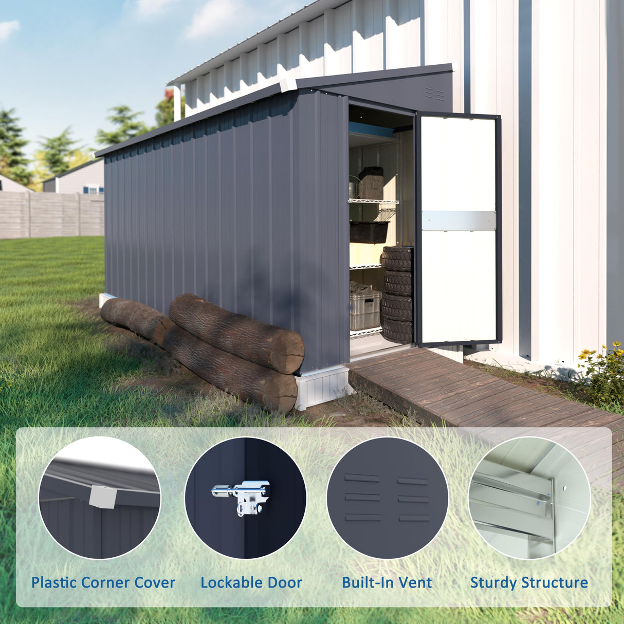 MUPATER 4×10 FT Storage Shed for Outdoor,Lean-to Shed Kit with Thickened Galvanized Steel, Metal Tools Shed with Lockable Door and Air Vents for Patio Garden, Grey MUPATER