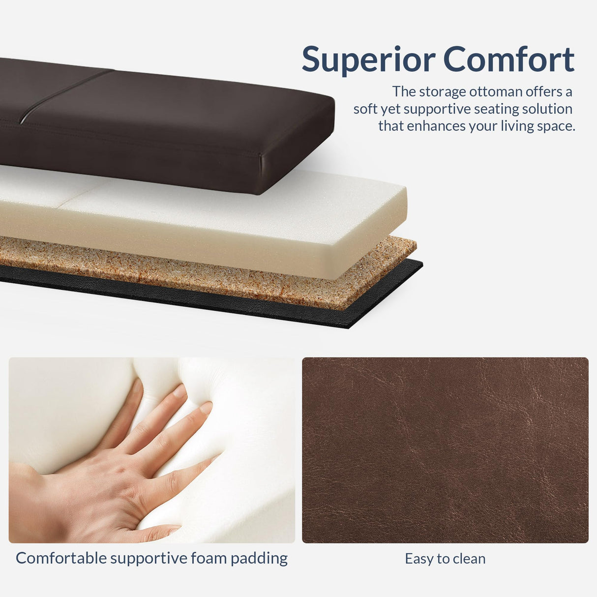 BELLEZE 47 Inch Storage Ottoman, Faux Leather Storage Bench Bedroom Bench with Safety Close Hinge, Ottoman with Storage for Living Room, Entryway, Hallway, Foot Rest, Support 300lbs - Brown BELLEZE