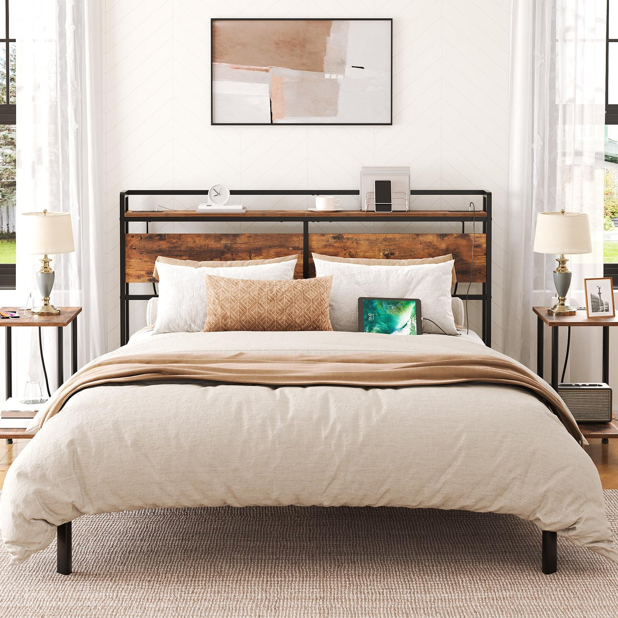HOOBRO Headboard Queen Size, Headboard with 2 Outlets and 4 USB Ports, Adjustable Height, Storage Rack, Sturdy and Stable, Easy Assembly, Rustic Brown and Black HOOBRO