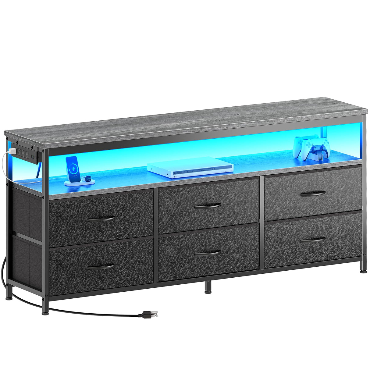 Huuger LED TV Stand for Bedroom, 55 Inch Fabric Dresser with Power Outlets, Entertainment Center for 60, 55, 50 Inch TV, 6 Drawer Dresser for Bedroom, Chest of Drawers with Shlef, PU Leather, Grey Huuger