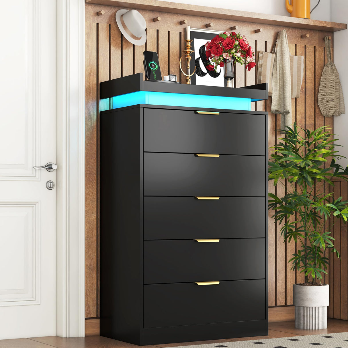 knoworld Tall Dresser for Bedroom, Black Dresser with LED Lights, Wood 5 Drawer Chest with Power Outlet, Modern Chest of Drawers for Bedroom, Living Room, Entryway, Hallway knoworld