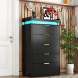 knoworld Tall Dresser for Bedroom, Black Dresser with LED Lights, Wood 5 Drawer Chest with Power Outlet, Modern Chest of Drawers for Bedroom, Living Room, Entryway, Hallway knoworld