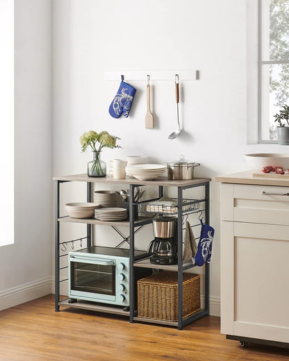 VASAGLE ALINRU Industrial Kitchen Baker's Rack with Wire Basket and Hooks in Greige and Black - WoodArtSupply