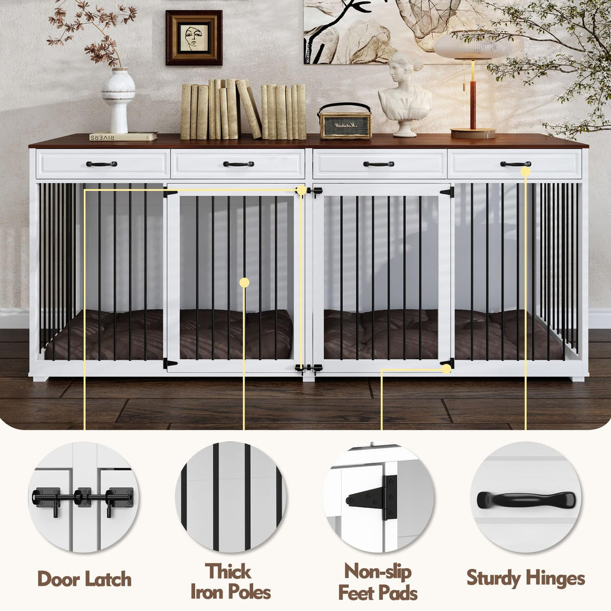 Timechee Extra Large Dog Crate with Double Rooms, 93" Heavy Duty Wooden Dog Cage Furniture Dog Crate Kennel w/Drawers & Removable Divider,Indoor Luxury Dog House for Large Dogs,White Timechee