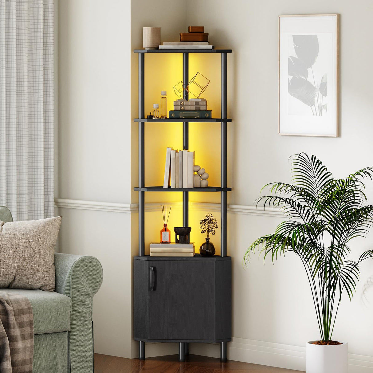 HOOBRO Corner Cabinet with LED Light, Corner Shelf Stand with Storage and Doors, 5-Tier Industrial Corner Bookshelf, 59” Tall Display Rack Shelf, for Living Room, Kitchen, Black BB147DCJ01 HOOBRO