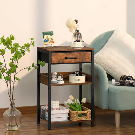 Lerliuo End Table with Fabric Drawer,3 Tier Industrial Wood Side Table with Storage,Modern Tall Printer Stand,Vintage Brown Nightstand,Rustic Bedside Tables for Living Room Bedroom Small Spaces Lerliuo