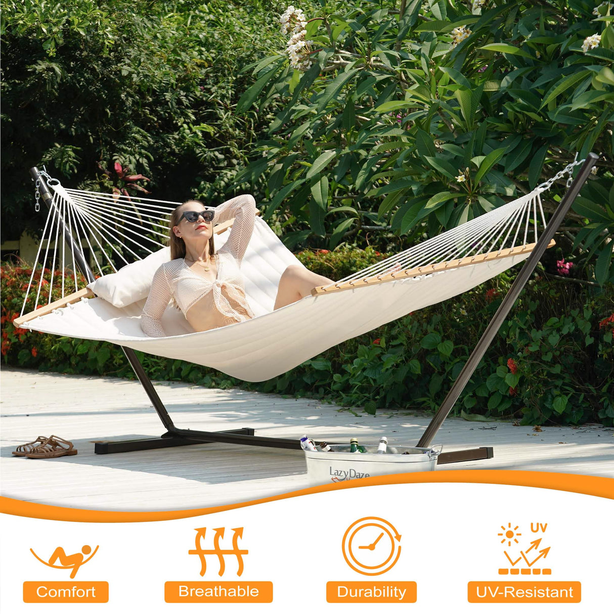 Lazy Daze Hammocks Quilted Fabric Hammock with 12 Feet Stand, 2 People Double Hammock with Stand for Outdoor Indoor Patio Garden Backyard, 450 lbs Capacity, Beige Lazy Daze Hammocks