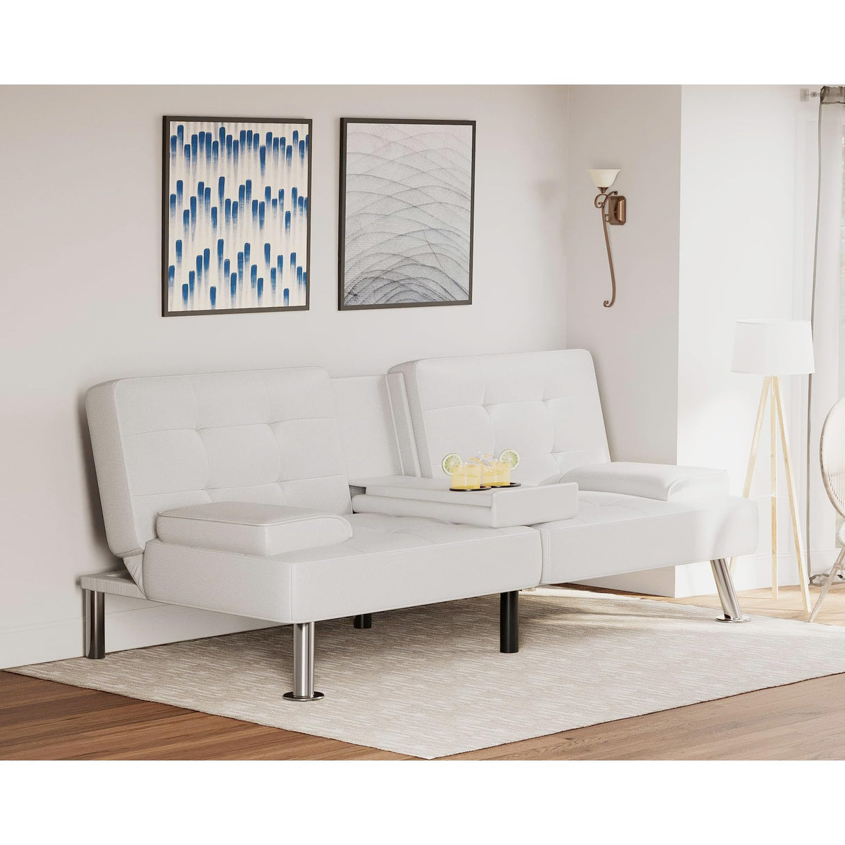 Flamaker Futon Sofa Bed Modern Folding Futon Set PU Leather Convertible Recliner Lounge for Living Room with 2 Cup Holders, Removable Armrests (PU Leather, White) Flamaker