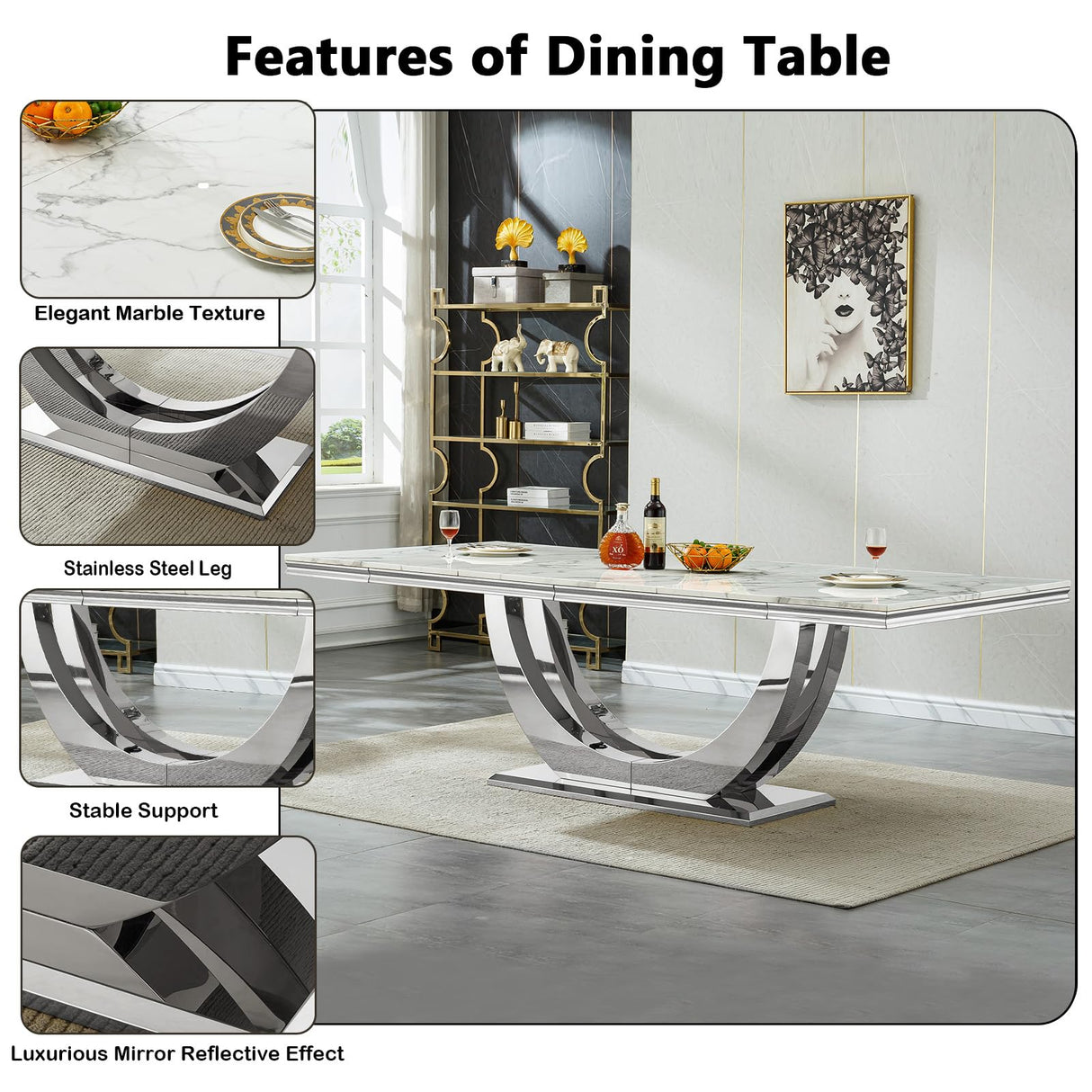 KUVADAZ 94" Modern White Silver Faux Marble Dining Room Table Set for 10, 11-Piece Rectangle Kitchen Dining Room Table Set with Dual U-Shaped Stainless Steel Legs and 10 Beige Velvet Dining Chairs KUVADAZ