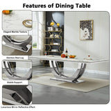 KUVADAZ 94" Modern White Silver Faux Marble Dining Room Table Set for 10, 11-Piece Rectangle Kitchen Dining Room Table Set with Dual U-Shaped Stainless Steel Legs and 10 Beige Velvet Dining Chairs KUVADAZ