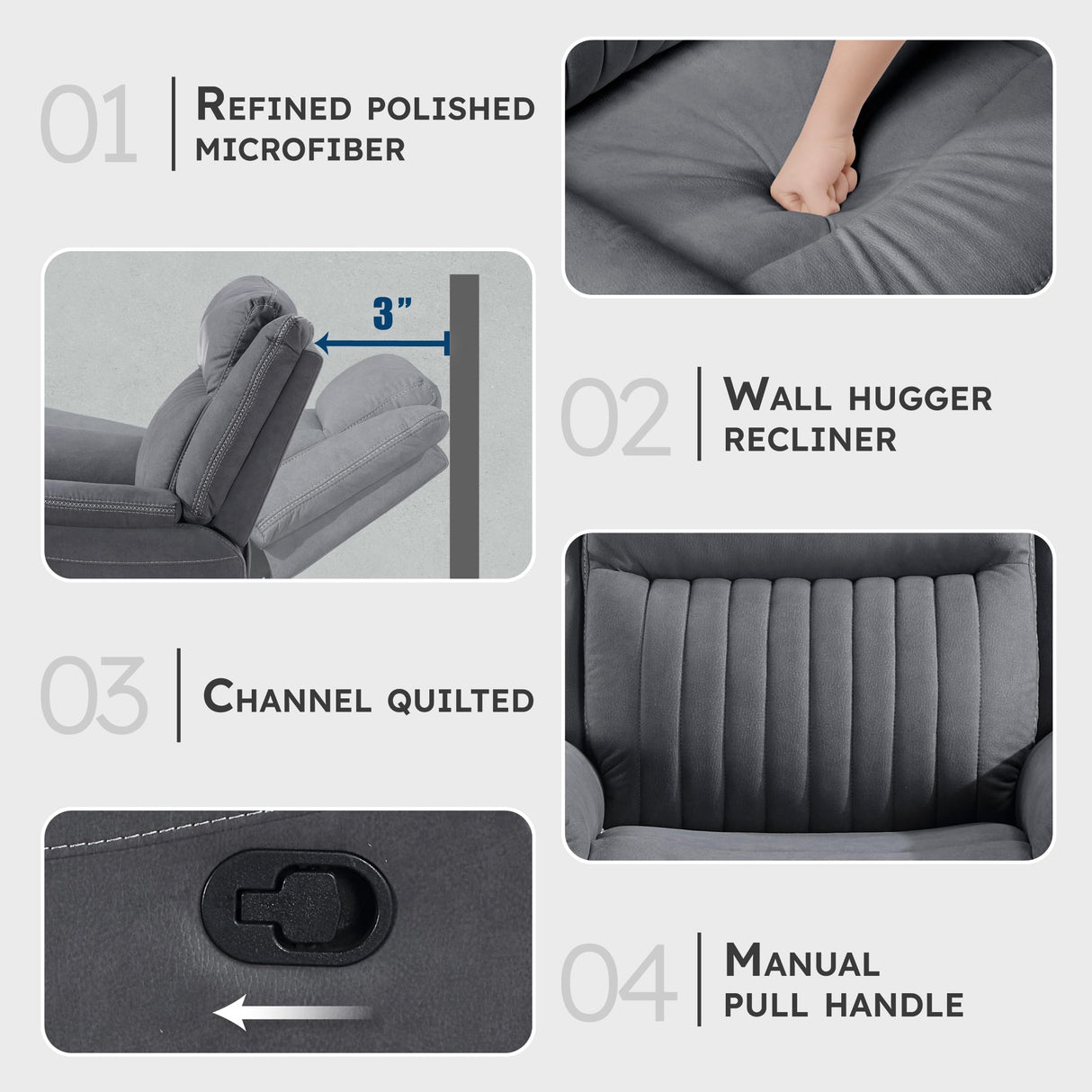 Lexicon Manual Recliner Chair, Polished Microfiber Reclining Sofa Chair, Home Theater Seating, Wall Hugger Manual Recliner for Living Room/Office/Apartment, Gray Lexicon