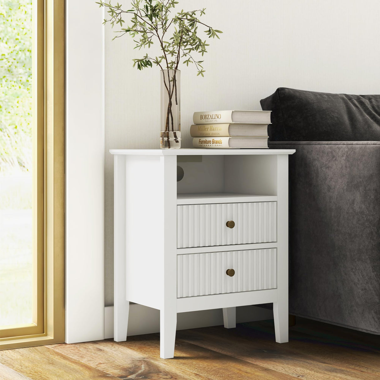 RoyalCraft Fluted Nightstand Set of 2 with Charging Station, White End Table with 2 Silent Slide Drawers & Storage Shelf, Modern Side Table, Wood Night Stand Cabinet for Bedroom RoyalCraft