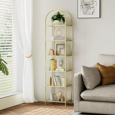 Homhedy Bookshelf Arched Display Racks,Metal Bookcase,Tempered Glass Shelves,Storage Rack Shelf for Home Office,Living Room,Bedroom, Bathroom,Modern Style (Golden, 11.8" D x 13.8" W x 68.1" H)
